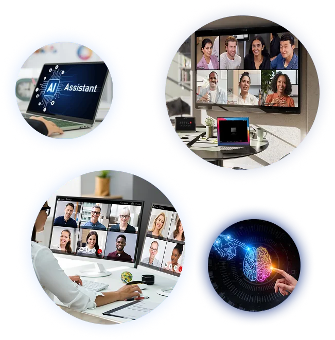 Collage of video sales calls and an AI assistant on a laptop