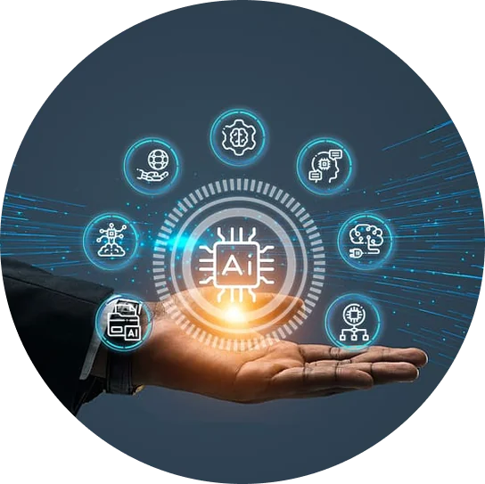 Open hand holding an AI chip surrounded by machine learning icons